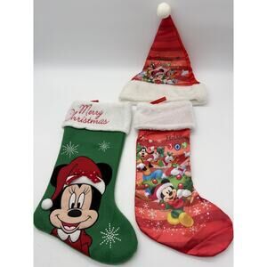 Disney Christmas Stocking Set Minnie Mickey Mouse Santa Hat Holiday Decor